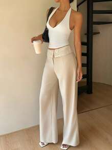 Siren Gaze 女式全新蕾丝拼布高腰裤 - 杏色 - 查看 4