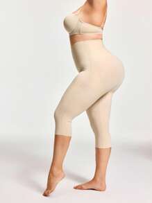 SHAPORA 大码女式纯色松紧腰休闲七分塑身裤 - 杏色 - 查看 3