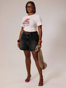 MUSERA 大码长款水洗牛仔短裤 街头风格，假日，度假，夏季，沙滩，性感，可爱 - 黑色 - 查看 3