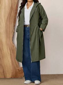 Zelara Plus Size Fashion Solid Green Hooded Pocket Design Mid-Length Jacket For Fall With Pockets Trench Women Coat Winter Clothes Autumn