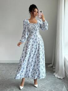 SHEIN Raffinéa Elegantes langes Kleid mit Muster für Damen - Blau-Weiß - Übersicht 3