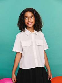 SHEIN Tween Girl Loose Casual Minimalist Collared Pocket Decor Shirt & Pleated Skirt Set,Black And White Summer School Back-To-School Season Girls Clothes - Black and White - View 4