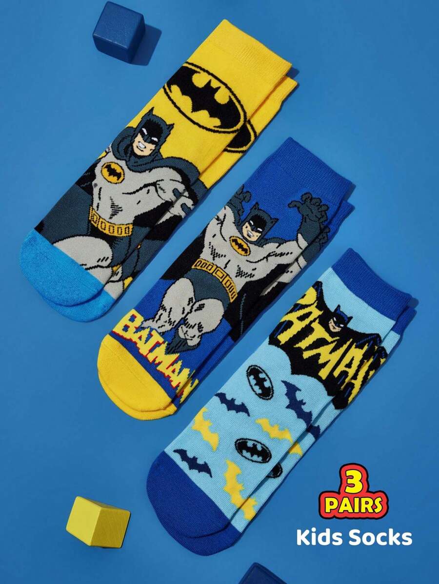 BATMAN X SHEIN 3 双棉质柔软透气吸湿排汗男童中筒袜蓝色可爱卡通中筒袜加固脚趾和脚跟，经久耐用，四季百搭，适合学校和户外穿着 - 彩色 - 查看 1