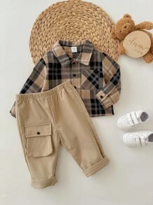 Baby Boy Colorful Plaid Collared Long Sleeve Button Down Shirt And Casual Pants Set, For Christmas - Khaki - View 5