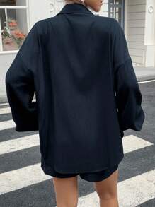 DAZY 女士夏季宽松休闲衬衫和短裤两件套 - 藏蓝色 - 查看 4