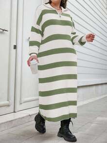 EURMUSE Plus Size Two-Tone Striped Pattern Drop Shoulder Loose Half Zip Up Oversized Sweater Dress - Mint Green - View 6