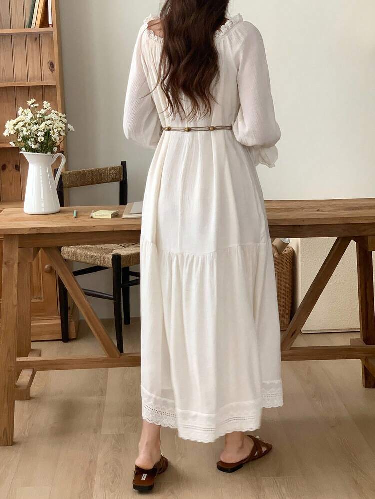 Women's Summer Ruffle Off Shoulder Beaded Tie Waist Lace Trim Midi Dress, Resort Style Linen