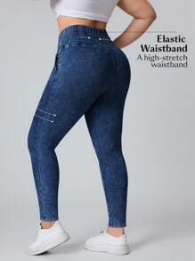 SHEIN PETITE Jeans de talle alto, lavados y de corte slim para mujer - Azul - Ver 9