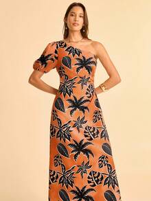 CAJUNI 女士棕榈树印花无袖泡泡袖长裙，度假风