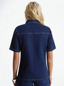 SHEIN Unity Plain Color Front Button Pocket Relaxed Short Sleeve Denim Jacket - Blue - View 2