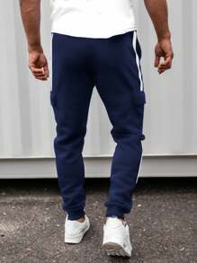 SHEIN 青少年男孩休闲条纹海军蓝和黑色织带口袋工装慢跑裤套装，适合秋季、冬季、学校、家居、日常、运动、生日派对、郊游，百搭百搭保暖内衬 - 藏蓝色 - 查看 2