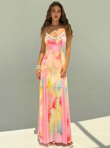 Aloruh New Romantic Vacation Boho Floral Mesh Print Patchwork Shell Ribbon Waist Maxi A-Line Long Dress - Pink - View 4