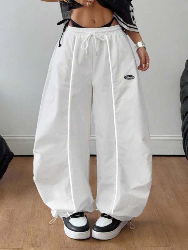 Coolane Women's Fall/ All-Season Music Festival Streetwear Couple Same Style Vintage Game Day Back To School Minimalist White Parachute Curved Hem Pants/Cargo Pants