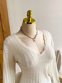 Comfortcana Áo thun tay dài họa tiết hoa dệt kim cỡ lớn cho nữ, nhẹ mùa thu/đông - Màu be - Xem 4