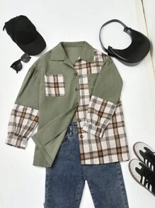 SHEIN LUNE Jaqueta feminina casual xadrez patchwork com botões na frente e manga comprida - Verde Azeitona - Ver 3