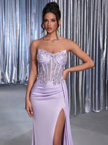 Glamrae Váy dài đuôi cá xẻ tà xẻ ngực bằng vải satin thêu ren và sequin thanh lịch, thủ công, phù hợp cho tiệc tùng, dạ tiệc, dịp trang trọng - Màu tím hoa cà - Xem 4