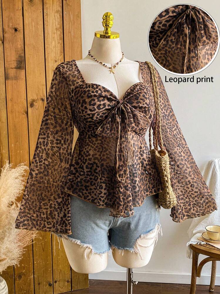 Comfortcana Plus Size Women Vintage Leopard Print Puff Sleeve Crew Neck Top, Autumn/Winter,Fall Clothes For Women