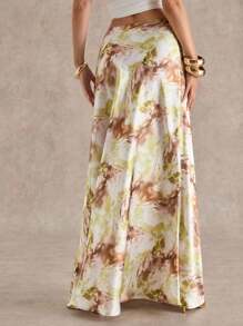 Glamine 女士优雅百搭长裙，扎染印花缎面 - 綠色 - 查看 7