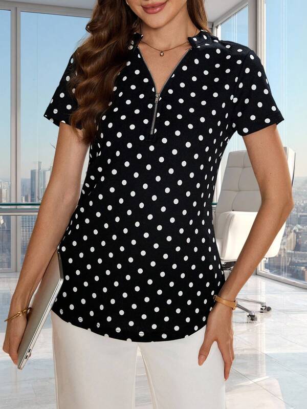 SHEIN Clasi Polka Dot Half Zip Blouse
