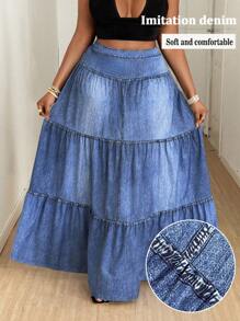 Maweii Plus Size Women's Elegant Casual Street Style A-Line Maxi Skirt With Faux Denim Wash Print, Spring/Summer - Blue - View 1
