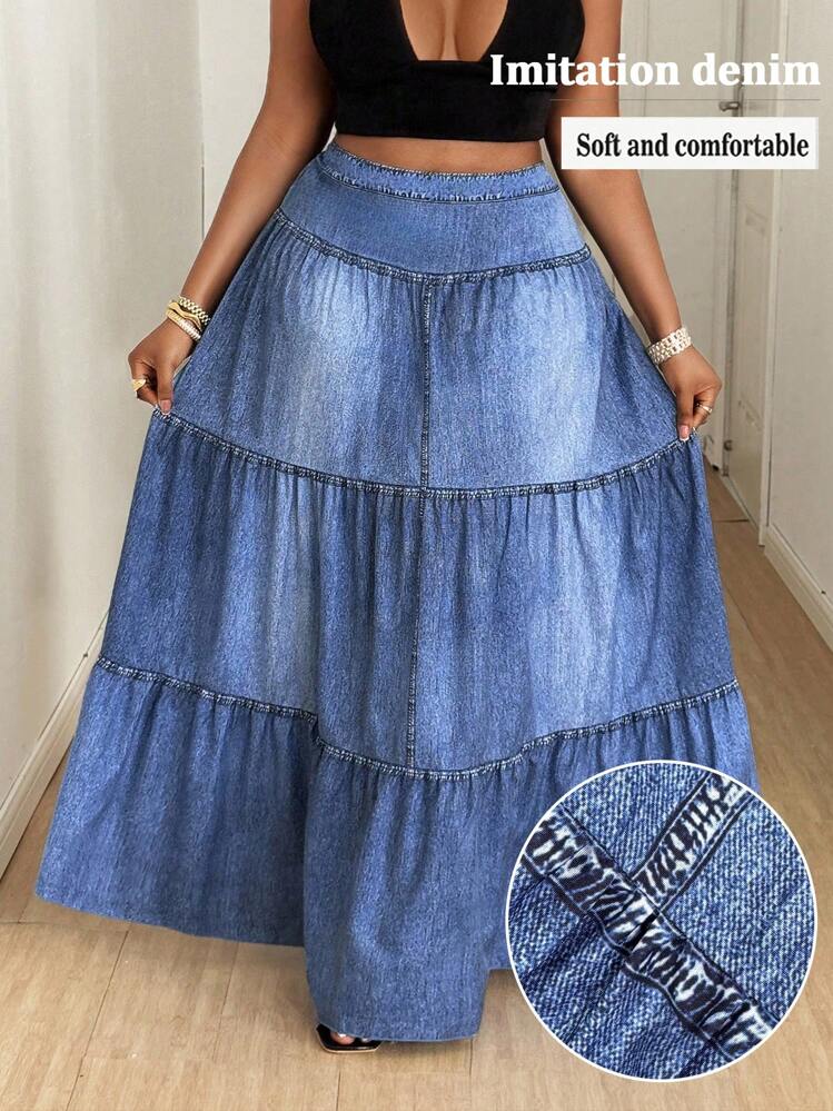 Maweii Plus Size Women's Elegant Casual Street Style A-Line Maxi Skirt With Faux Denim Wash Print, Spring/Summer - Blue - View 1
