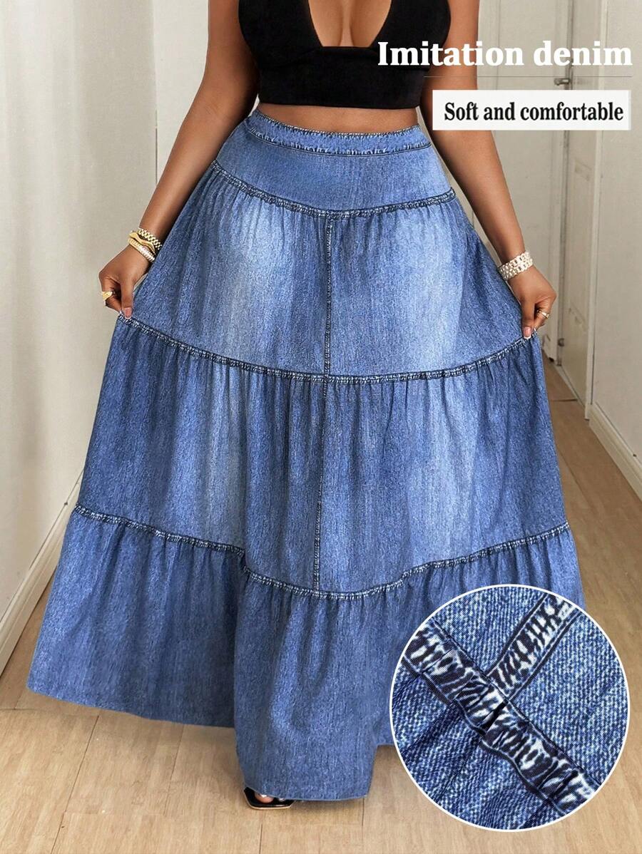 Maweii Plus Size Women's Elegant Casual Street Style A-Line Maxi Skirt With Faux Denim Wash Print, Spring/Summer - Blue - View 1