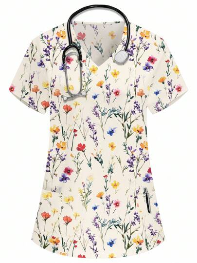 PopScrub V-Neck Short Sleeve Double Pocket Floral Print Nurse Uniform Top/Doctor Work Uniform Top/Health Check Surgery Uniform Top/Women Solid Color Pet Grooming Work Uniform Top/Nutritionist Work Uniform Short Sleeve/Multi-Pocket Functional Lab Work Uniform, Functional Women's Holiday, Women's Blouse, Summer Women's Top Scrub Tops For Women Floral Scrub Tops Floral Tops For Women Women's Scrub Tops Printed Scrub Tops