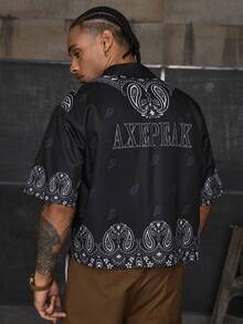 AXEPEAK Men's Casual Cashew Print Short Sleeve Shirt - Black - View 2