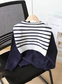 Girls' Chunky Knit Round Neck Collegiate Poncho Sweater, Fashionable & Elegant Pullover Top, Classic Versatile Layering Piece For Back To School, Autumn/Winter Fall