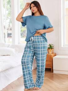 SHEIN 加大码荷叶边格子印花短袖上衣和裤子蕾丝睡衣套装蕾丝睡衣蓝色套装，服装 - 藍色 - 查看 4