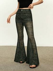 Rina Fox Quần ống loe lưới in họa tiết rằn ri dành cho nữ - màu nâu - Xem 5