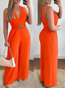 INAWLY Bộ đồ liền thân ống rộng thời trang cổ chữ V thanh lịch có khóa thắt lưng kim loại cỡ lớn cho nữ - trái cam - Xem 1
