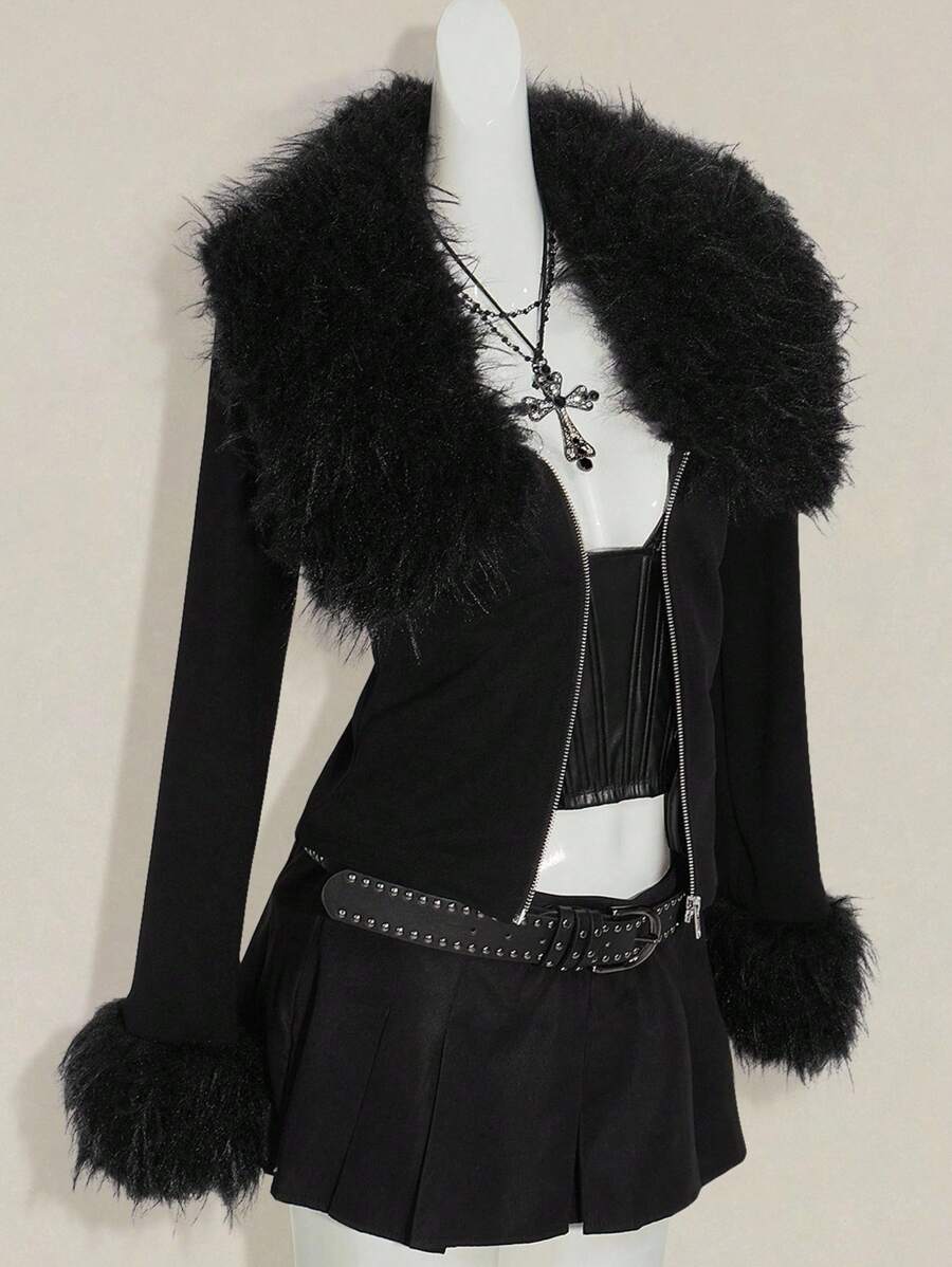 SHEIN ICON Y2k 秋季西部风外出黑色拉链垃圾摇滚音乐会哥特纯色人造毛皮拉链拼布修身长袖夹克 - 黑色 - 查看 1