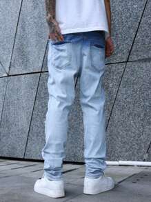 Manfinity EMRG 男式浅蓝色做旧贴布弹力紧身牛仔裤 - 淺色水洗藍 - 查看 2