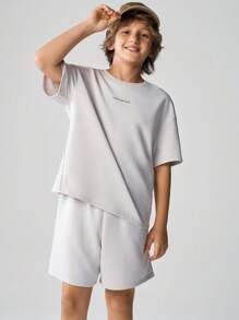 JNSQ Back To School Casual Outdoor T-Shirt & Shorts Set, Tween Girl Round Neck Funny Letter Print Pattern Loose Fit T-Shirt Hoodie & Shorts Set - Grey - View 4