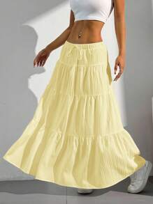 SHEIN EZwear Plus Size Women Solid Color Waist Tie Ruffle Hem Casual Skirt,Back To School - Yellow - View 4