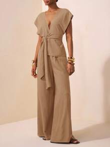 Zivah 2025新款夏季休闲优雅度假日常约会生日派对通勤慵懒感欧美复古深V领性感盖袖插肩袖收腰蝴蝶结上衣+阔腿裤超长裤 棕色纹理皱布女两件套-A - 卡其色 - 查看 3