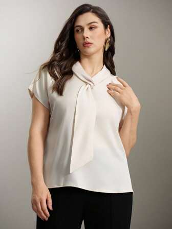 Flouryn เสื้อเชิ้ตแขนสั้นผูกคอผู้หญิงแบบสบายๆสไตล์คอมมิวเตอร์สีอบเชย