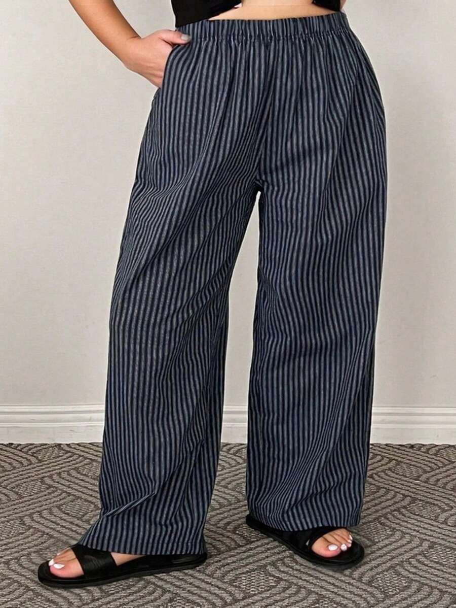 Dazy Plus Plus Elastic Waist Striped Relaxed Straight Fit Lounge Pants Pajama, Fall, Cozy - Navy Blue - View 1