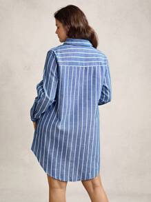 Zelara 加大码蓝白条纹及膝秋季连衣裙，带开领衬衫，淡蓝色连衣裙，女士有袖连衣裙，蓝色返校节连衣裙，舒适棉质商务休闲女式工作服商务连衣裙 - 藍白色 - 查看 3