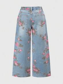 ROMWE Fairycore Jeans holgados de pierna ancha con estampado floral vintage lavados talla grande para mujer - Rosa - Ver 2