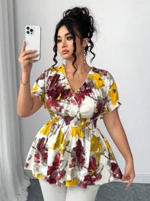Elenzga 大码女装 2025 春夏新款 V 领荷叶边下摆松紧腰优雅短袖衬衫 - 紅色 - 查看 3