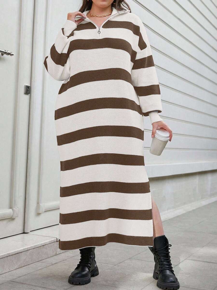 EURMUSE Plus Size Two-Tone Striped Pattern Drop Shoulder Loose Half Zip Up Oversized Sweater Dress - Brown - View 1