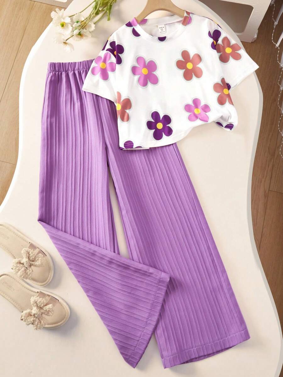 Sparklyn 2pcs/Set Girls' Floral All-Over Print T-Shirt And High Waist Textured Wide Leg Pants Set - Purple - View 1