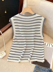 Franclia 新款复古撞色条纹针织背心，独特设计的短款无袖女式毛衣背心，适合大学生的针织衫服装 - 灰色 - 查看 2