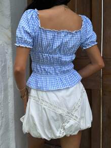 Sunnyshic Camiseta a cuadros casual para mujer, cintura ceñida ceñuda, decoración con lazo