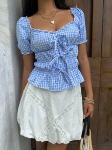 Sunnyshic Camiseta a cuadros casual para mujer, cintura ceñida ceñuda, decoración con lazo