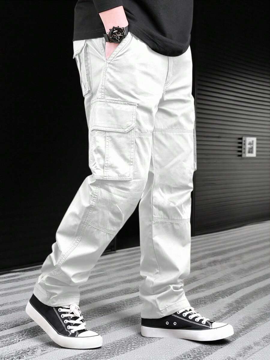 Manfinity Homme 多口袋休闲百搭时尚工装阔腿裤白色工装阔腿裤男士休闲街头宽松韩版阔腿裤，秋季 - 白色 - 查看 1