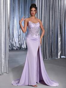 Glamrae Váy dài đuôi cá xẻ tà xẻ ngực bằng vải satin thêu ren và sequin thanh lịch, thủ công, phù hợp cho tiệc tùng, dạ tiệc, dịp trang trọng - Màu tím hoa cà - Xem 7