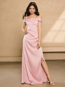 Bridesmaids' Textured Satin Off Shoulder High-Low Ruffle Split Dress, Suitable For Prom, Graduation, Birthdays, Formal Events Fall Winter - Pink - View 7